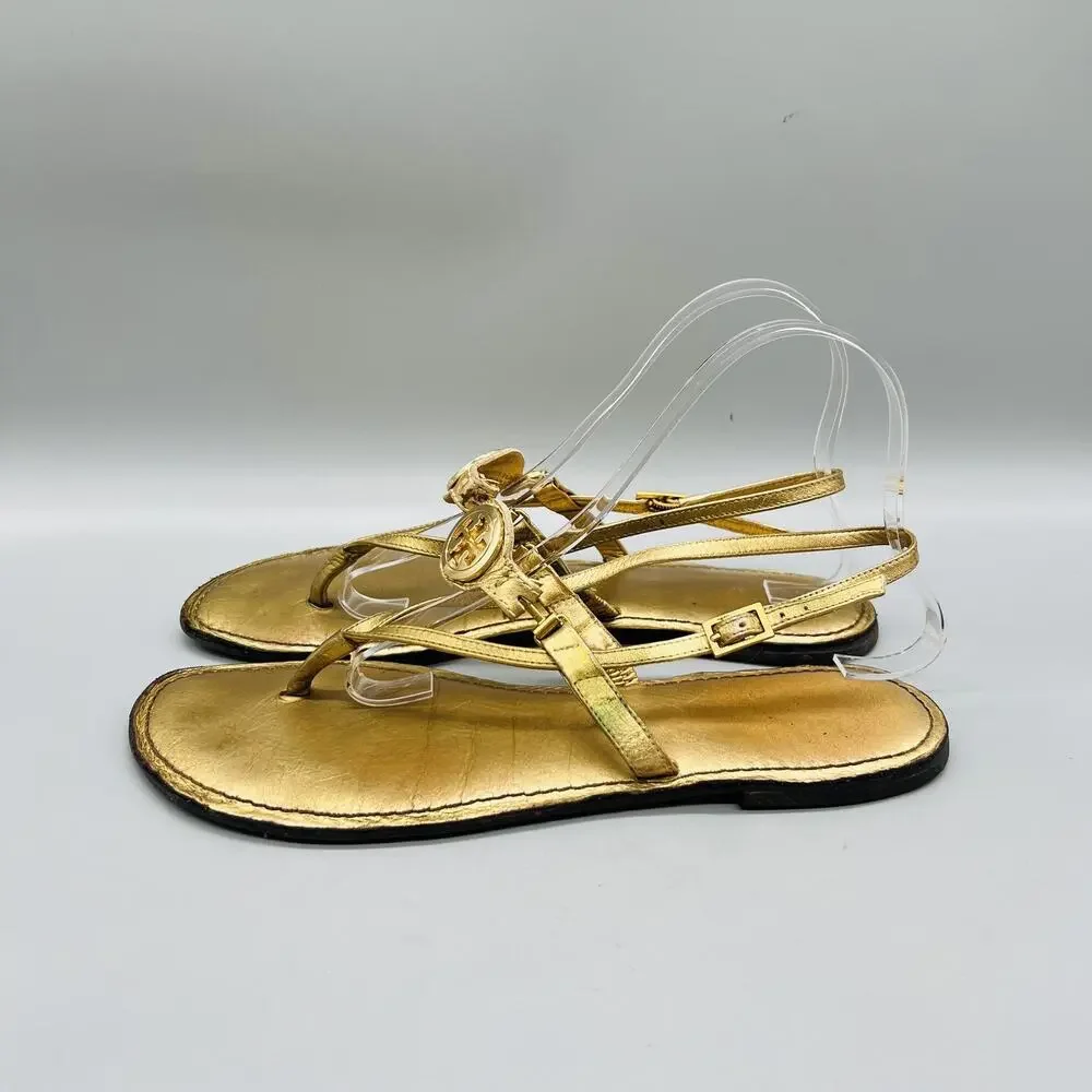 Tory Burch Sandals Womens 9 Gold Leather Thong Ankle Strap Logo Medallion Shoes